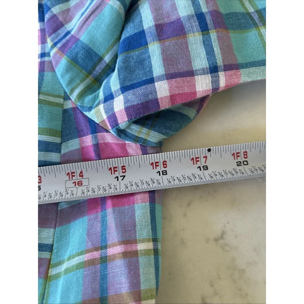 Talbots Womens 4P Madras Plaid Ruffle Sleeve Linen Blazer Teal Pink Plaid Lined